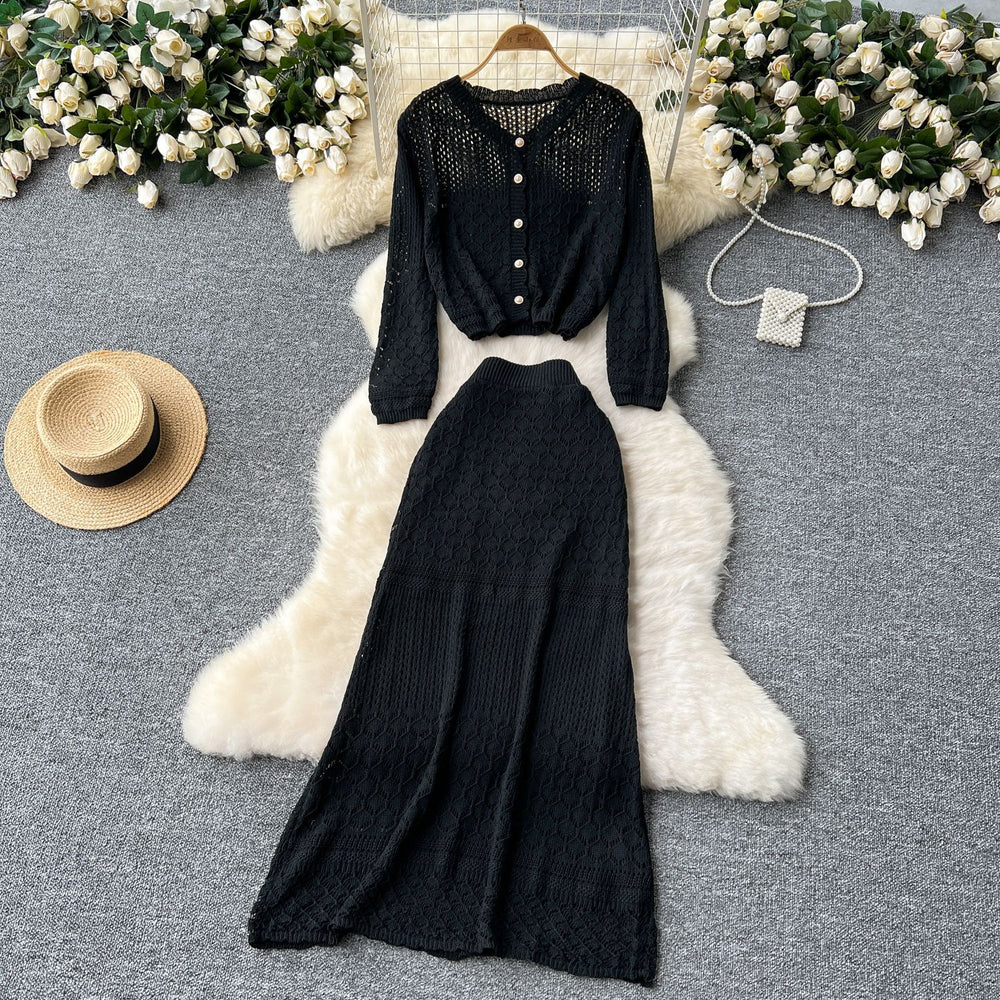 Korean style women's gentle & versatile hollow-out crochet long sleeve knit cardigan top + high-waisted slimming midi skirt