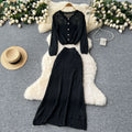 Korean style women's gentle & versatile hollow-out crochet long sleeve knit cardigan top + high-waisted slimming midi skirt