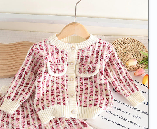 Girls' chanel-inspired two-piece autumn outfit: baby girl's jacket and cardigan sweater set