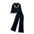Fall and winter tweed style suit collar double-breasted long sleevesknittingtopshigh waistcontrast colorloose pants sweatertwo-piece set