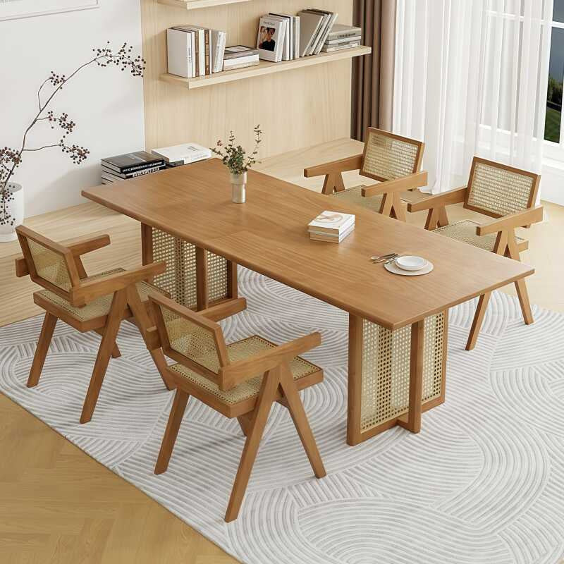 Japanese solid wood dining table for home small apartment wabi-sabi style rattan dining chair table rectangular scandinavian dining table and chair combination