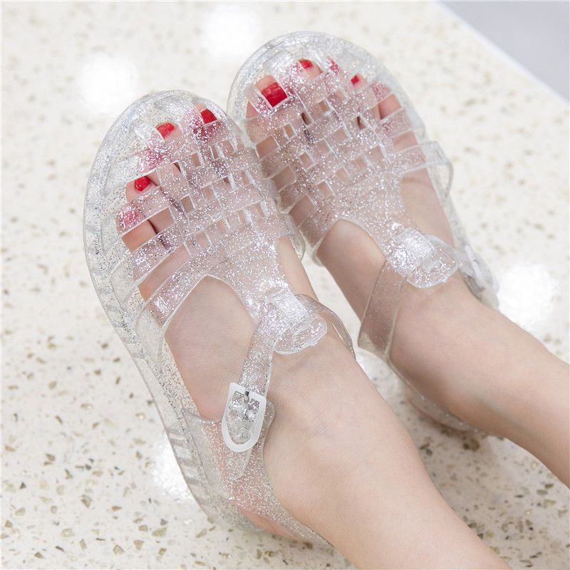 new summer closed-toe women's hollow-out sandals, fine glitter flat crystal roman sandals, jelly shoes, rain boots, kids' shoes