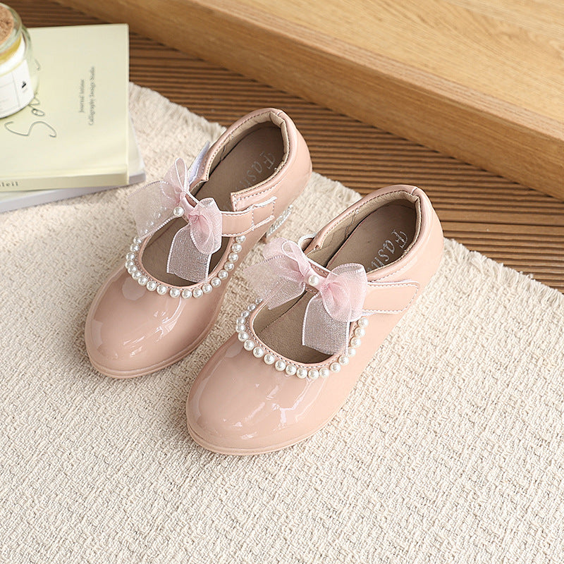 Girls' shiny leather mary janes - new spring/autumn  collection - beaded bow princess shoes - trendy kids' fashion flats