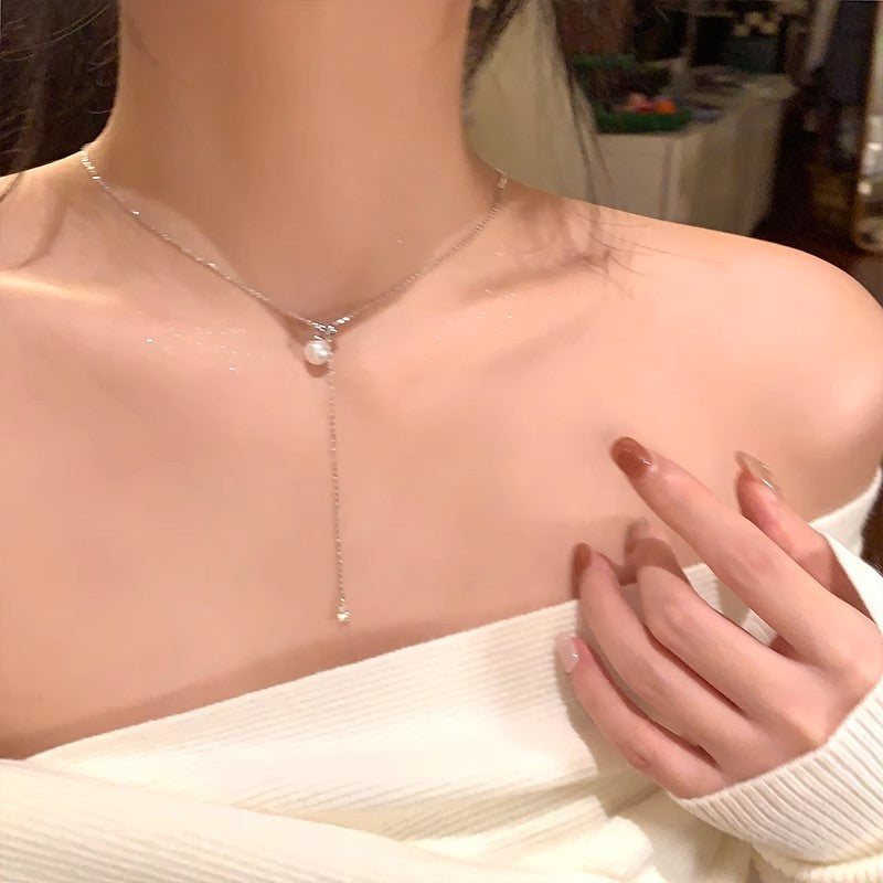 Korean ins style pearl zircon titanium steel necklace for women easiest for matchniche styleclassy sense clavicle chain fairy jewelry wholesale