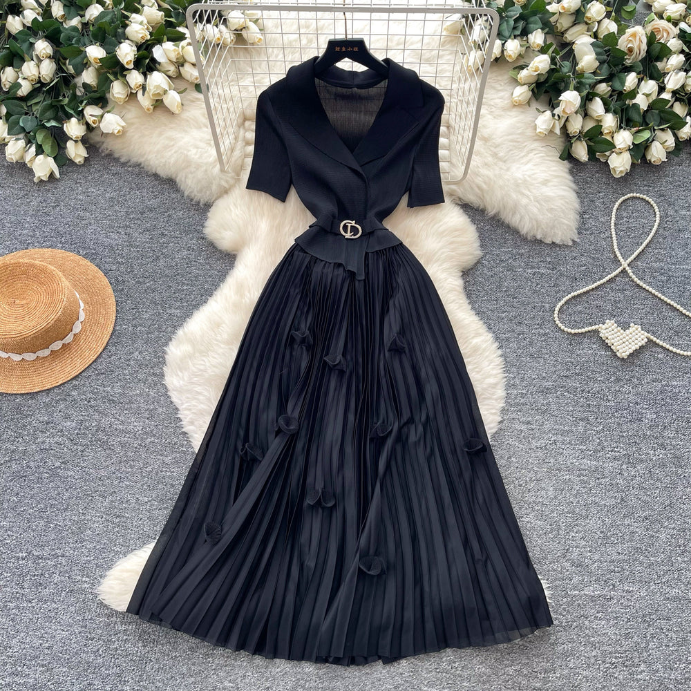 Lightly mature elegance style elastic suit collar dress female summerk-style waist slimming lookpleated long skirt work clothingelegant