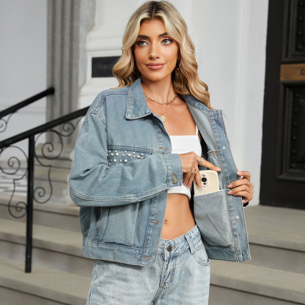 European and american cross-border e-commerce women's autumn new arrivals:  independent store washed vintage rhinestone-embellished denim jacket top