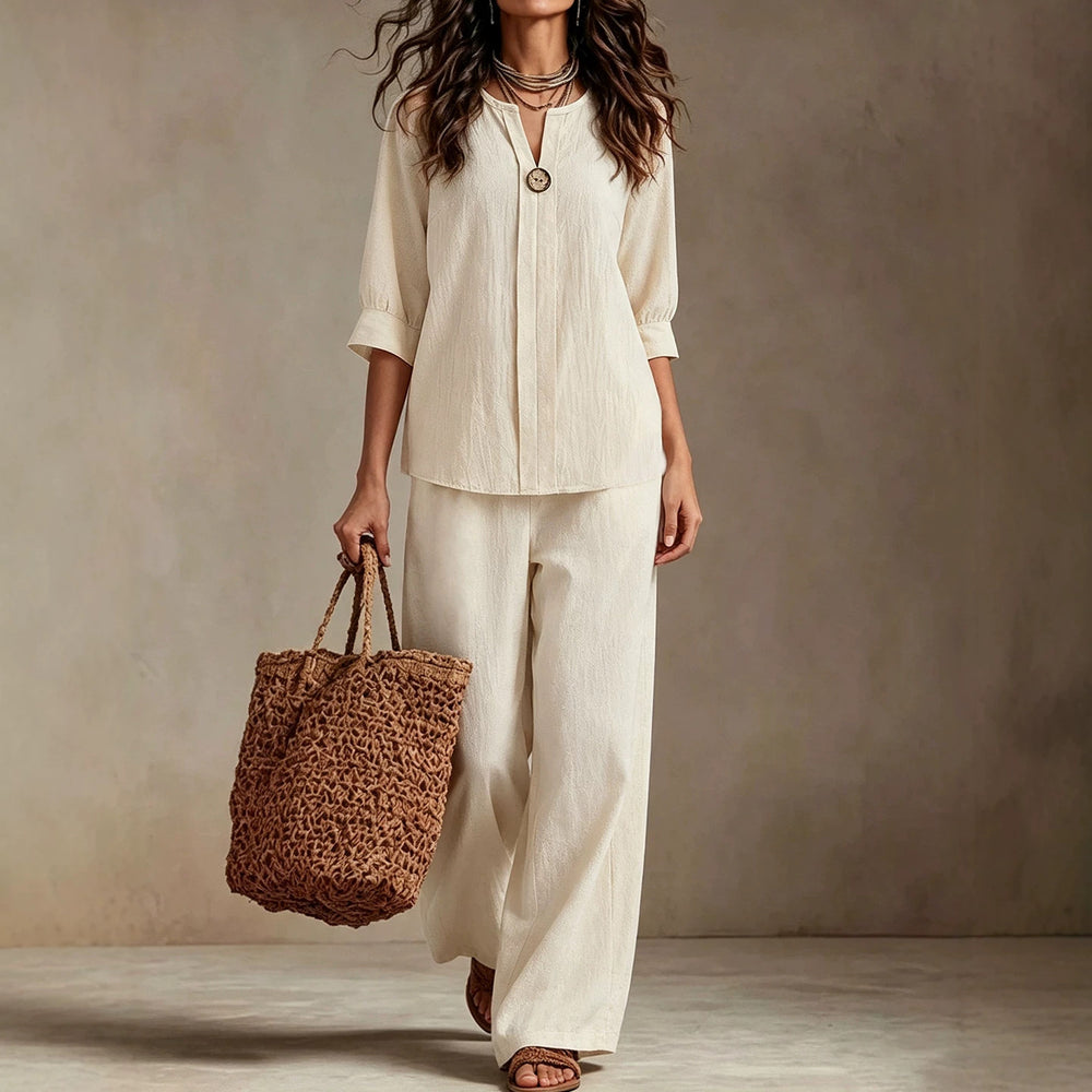 european and american plus size off-white v-neck mid-sleeve two-piece set: relaxed fit top and wide-leg pants