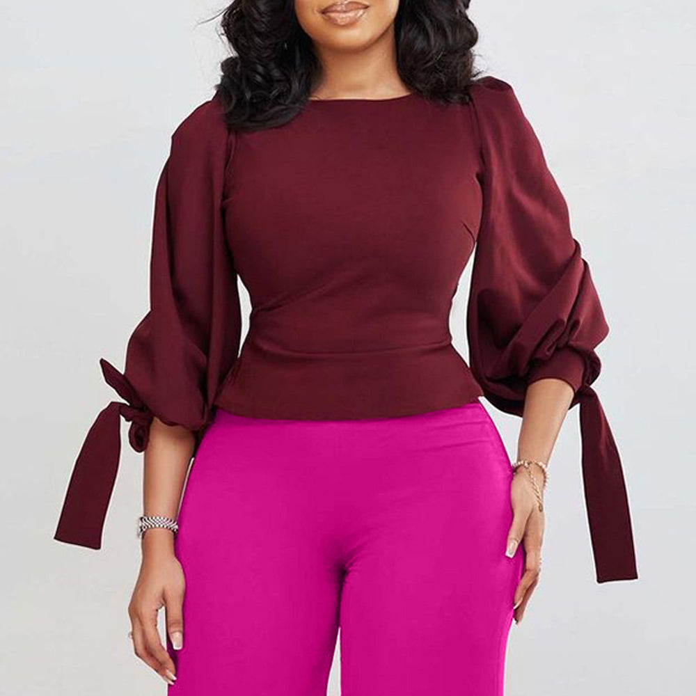 D338 european and american women's clothing  spring new fashion elegant slim-fit solid color tie-up puff sleeve top export blouse