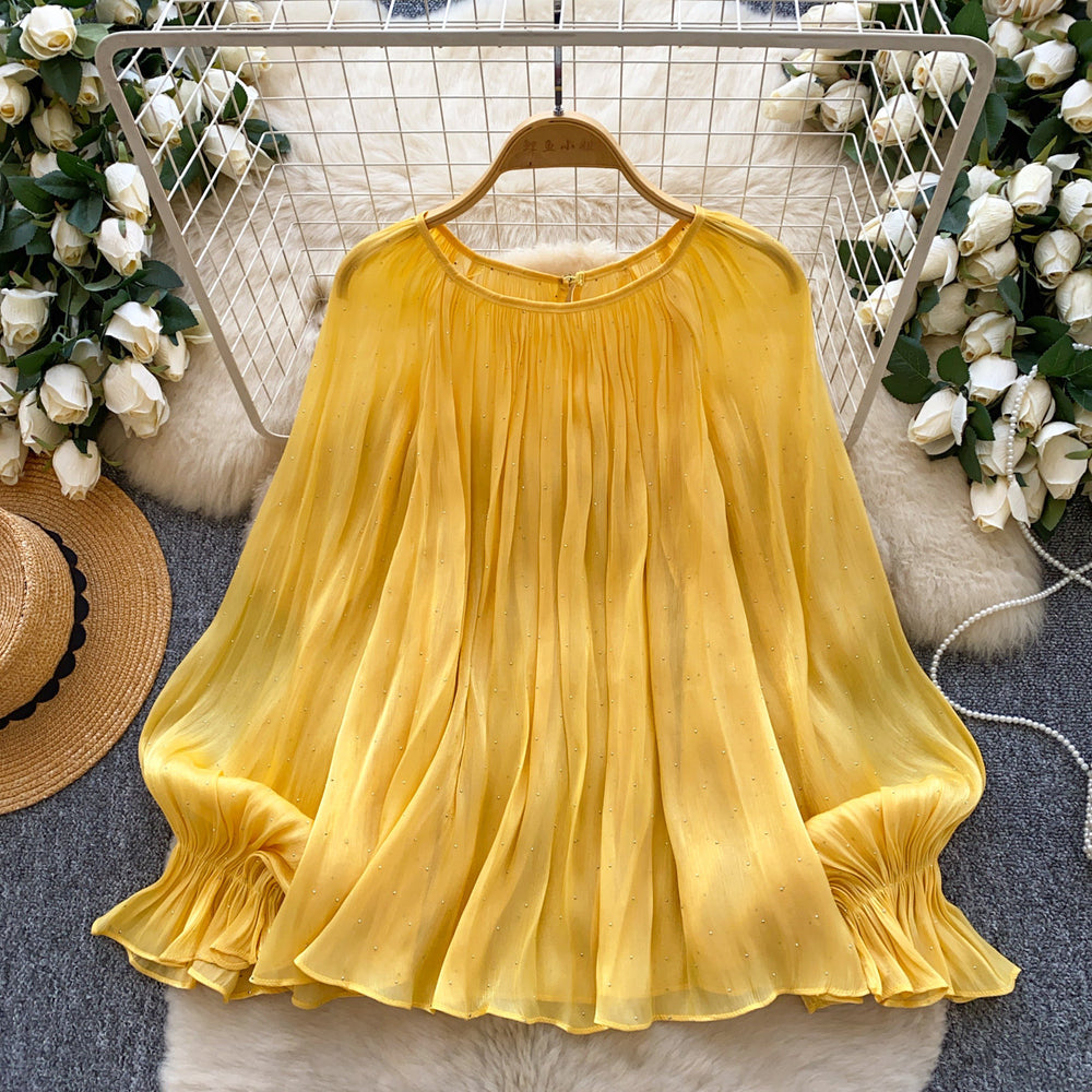 French style palace style heavy industry hot diamond patchwork lantern sleeve streamer mesh shirt loose flesh-covering tops