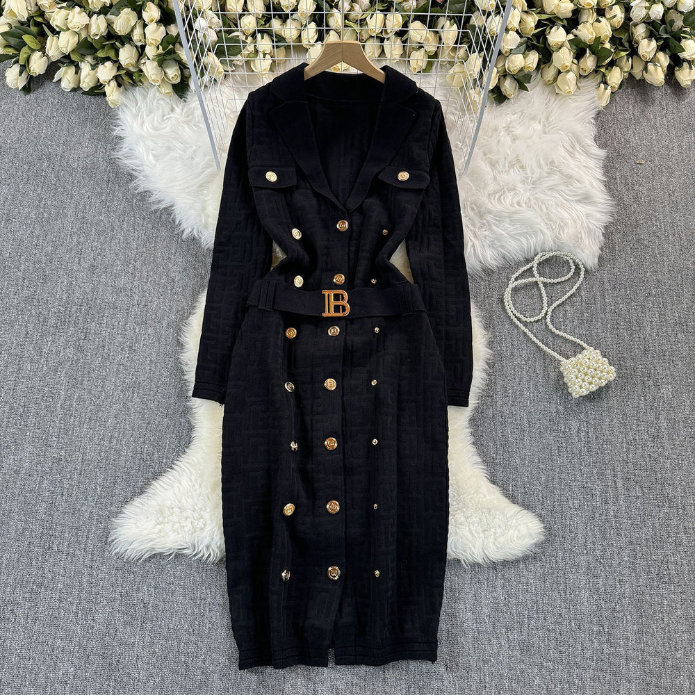 Fall and winter tweed style grids celebrity metal buttons double-breasted lapel waist silmknitting long skirt dress