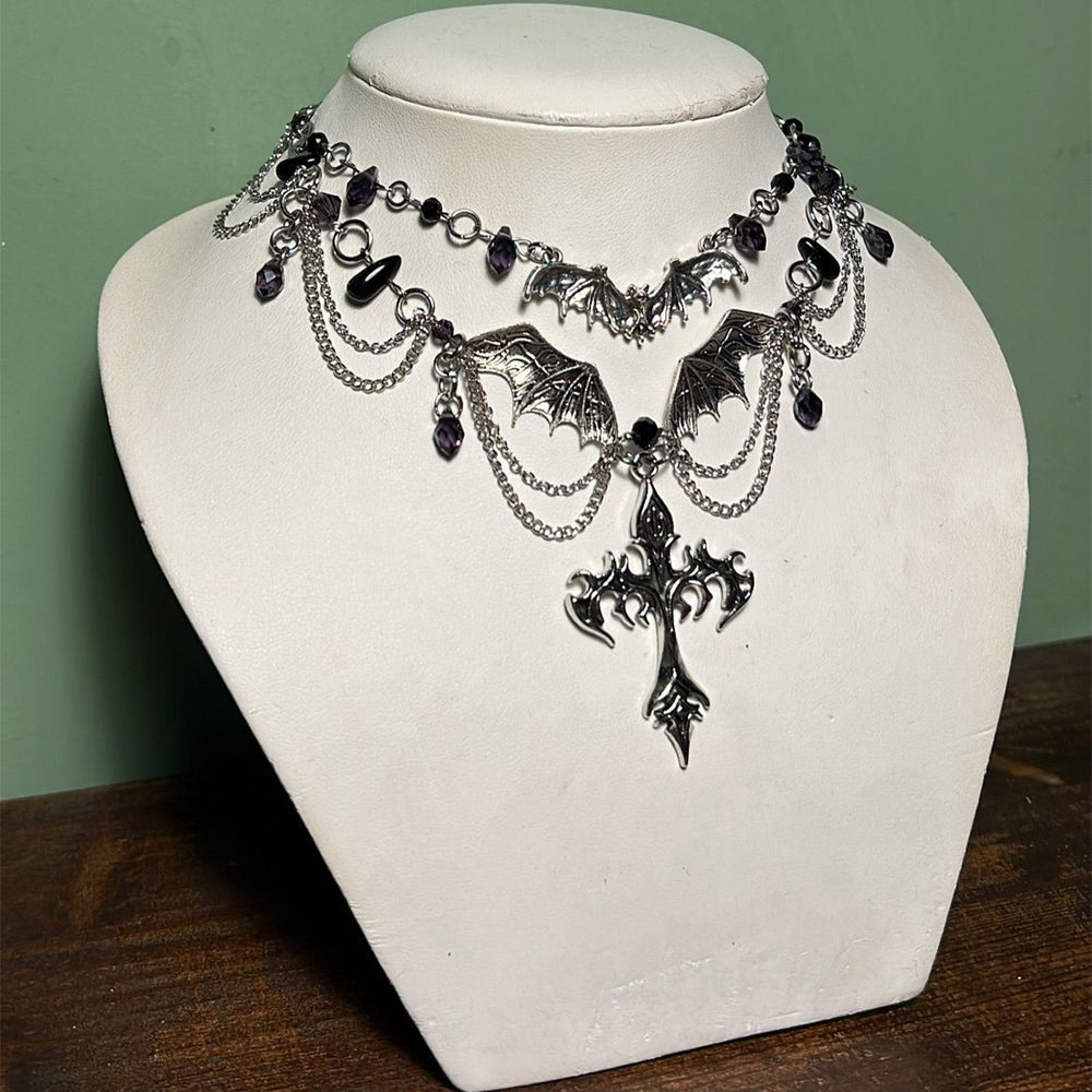 Halloween cross necklace wholesale - european & american cross-border, light luxury, heavily crafted jewelry, high-end tassel bat pendant for women