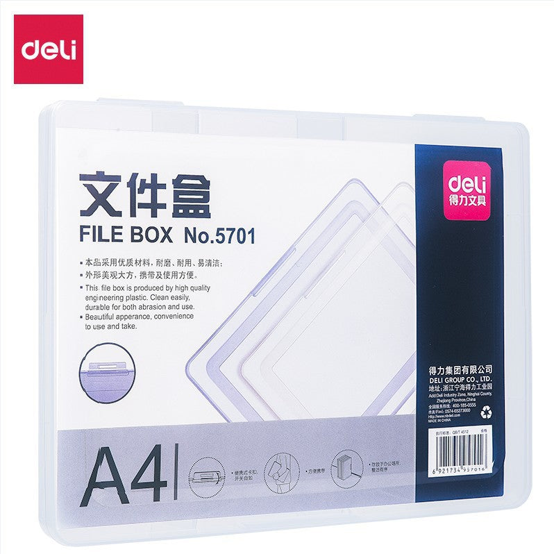 Deli file box 5701 transparent PP file storage box A4 data box, for office and study, portable and moisture-proof