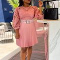 D322 independent station foreign trade women's clothing  new style pure color lace crochet cut out pleated european and american dress