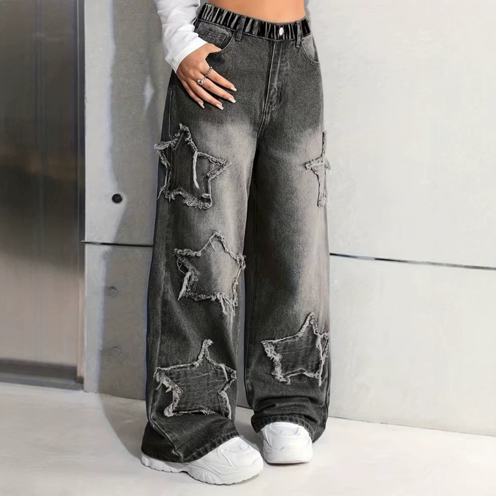 girls' spring/autumn denim pants: new styles for mid-to-large children, loose-fit casual straight-leg trousers, stylish and versatile wide-leg pants for kids