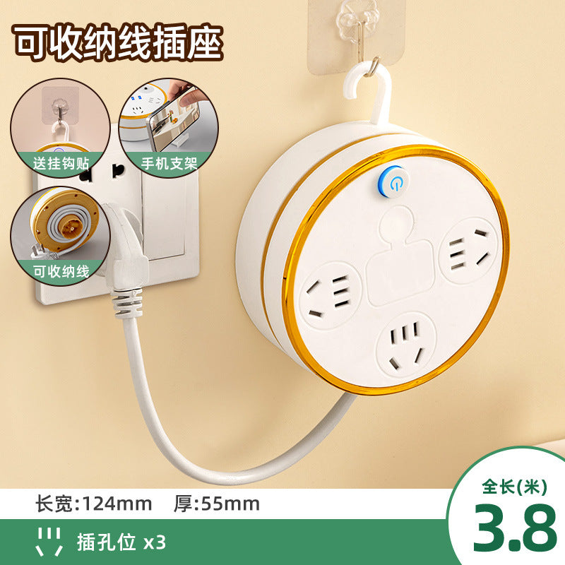 Retractable power strip with usb ports, cord management panel, multi-outlet socket, and built-in cable – ideal for home, dorm, and office use