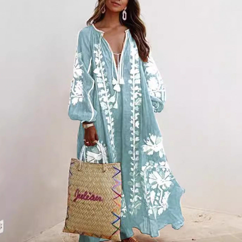 fashion  women's fashionlooselong sleevestie backv neckprinting large swing dress women's dress