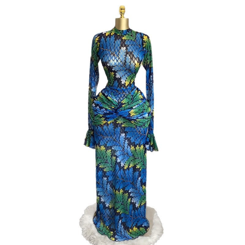 European and american women's clothing  autumn new collection: sweet and fresh printed mock neck long sleeve high waist slimming maxi dress