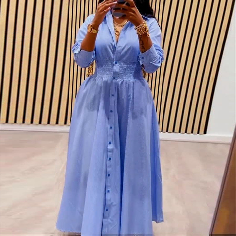 European and american cross-border women's fashion:  autumn new arrival - elegant lapel blue striped long-sleeve midi shirt dress