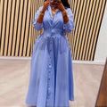 European and american cross-border women's fashion:  autumn new arrival - elegant lapel blue striped long-sleeve midi shirt dress