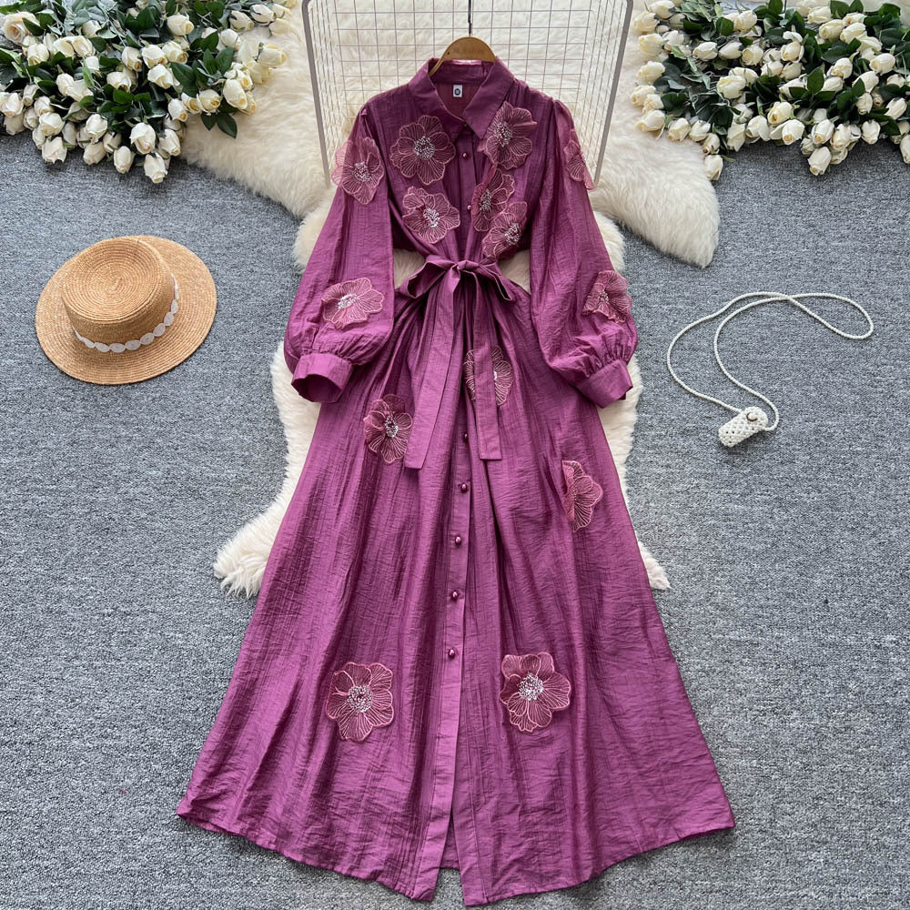 Frenchclassy heavy industry beading stereo flower lapel long sleeves single breasted strap waist elegantdress women