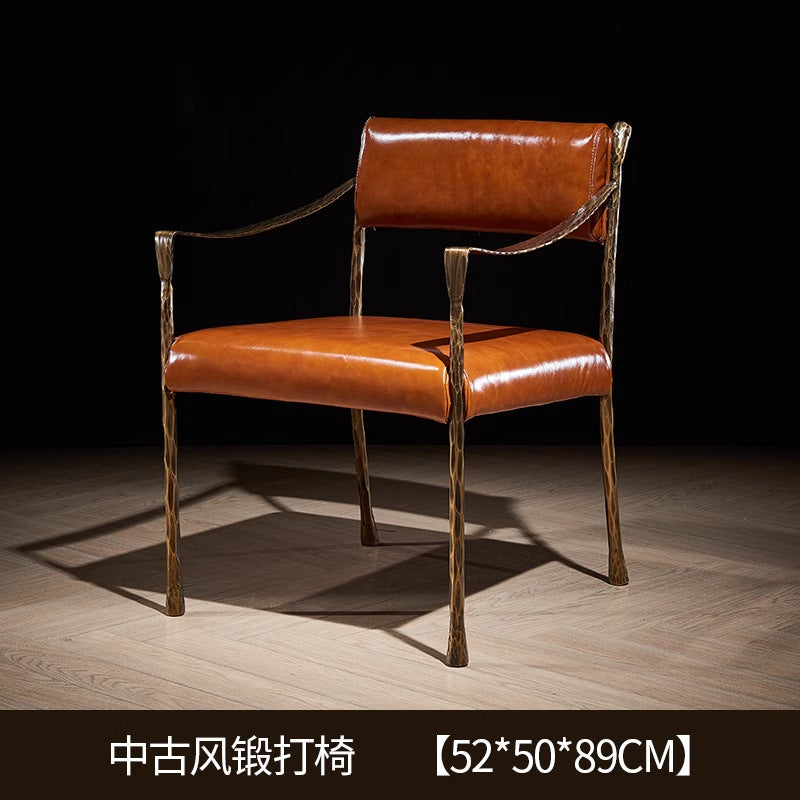 French medieval style armchair classy oil wax leather iron metal chair solid iron forged single sofa casual chair