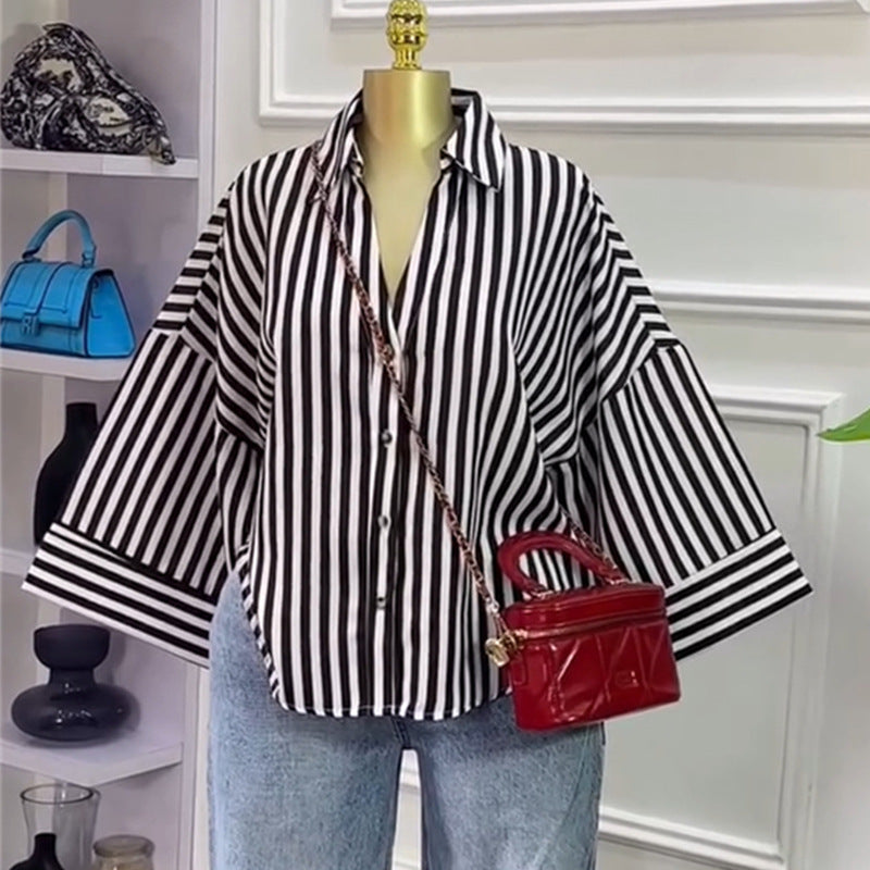 European and american cross-border women's clothing:  summer new arrivals - fashionable, loose-fit, sweet, and designer-inspired striped shirt top with turn-down collar