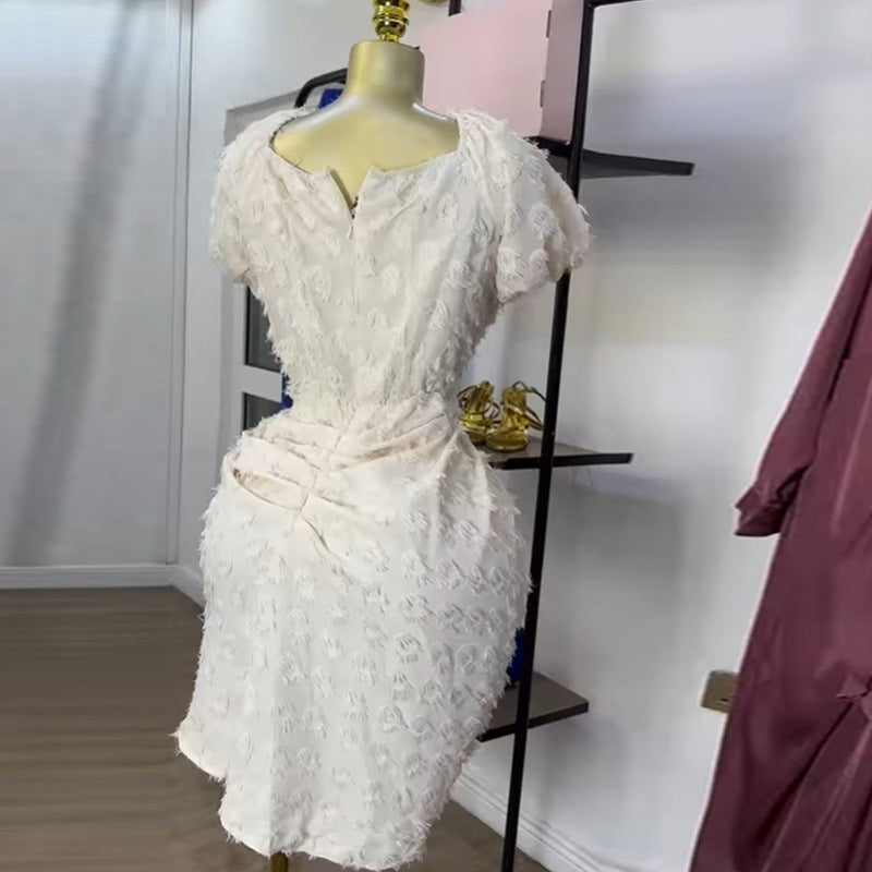 European and american cross-border women's fashion:  summer new arrival - elegant v-neck jacquard cropped high-waisted short-sleeve dress