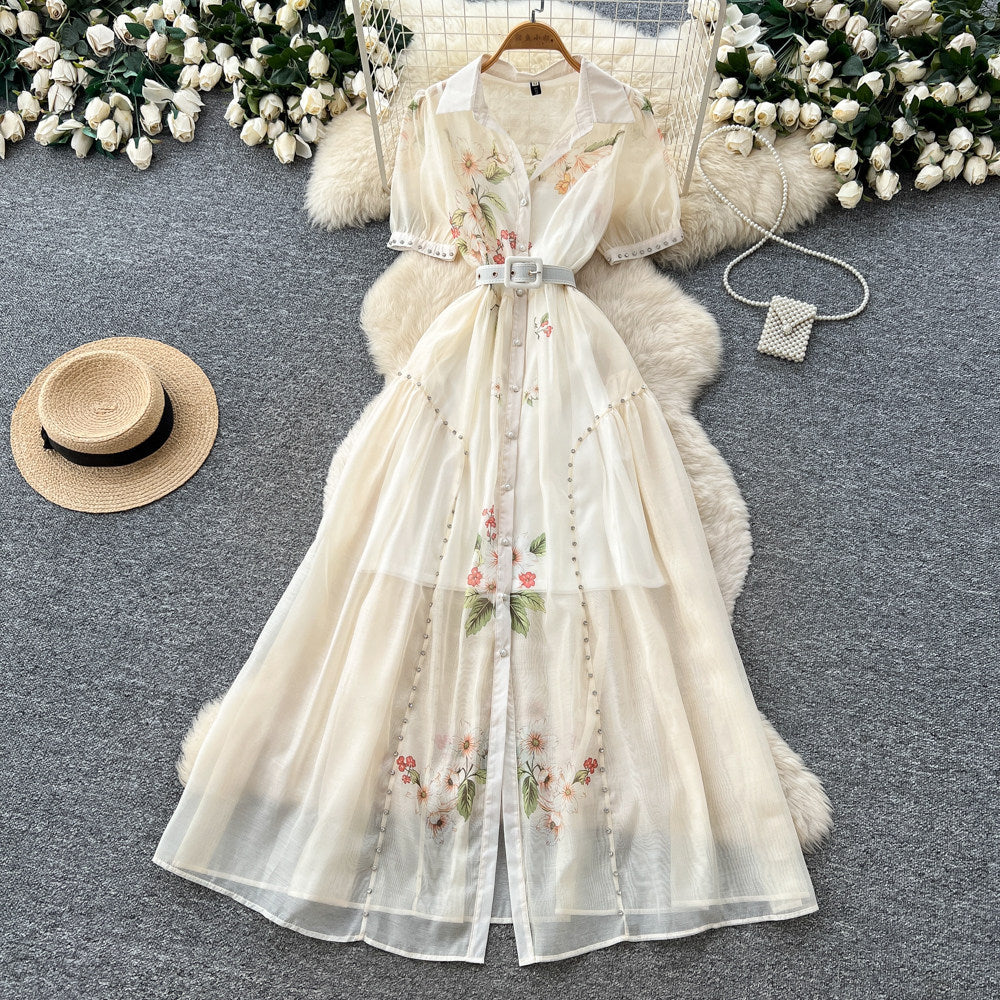 Elegant bubble sleeve floral embroidered dress - korean style, cinched waist, a-line silhouette, soft & chic, perfect for work