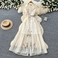 Elegant bubble sleeve floral embroidered dress - korean style, cinched waist, a-line silhouette, soft & chic, perfect for work