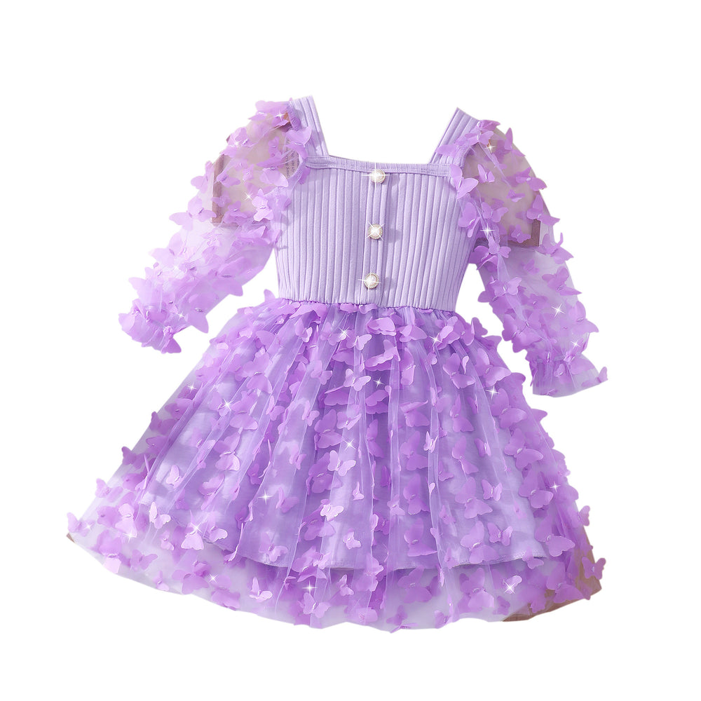 Girls' dress for toddlers and young children, 3d butterfly long sleeve mesh dress