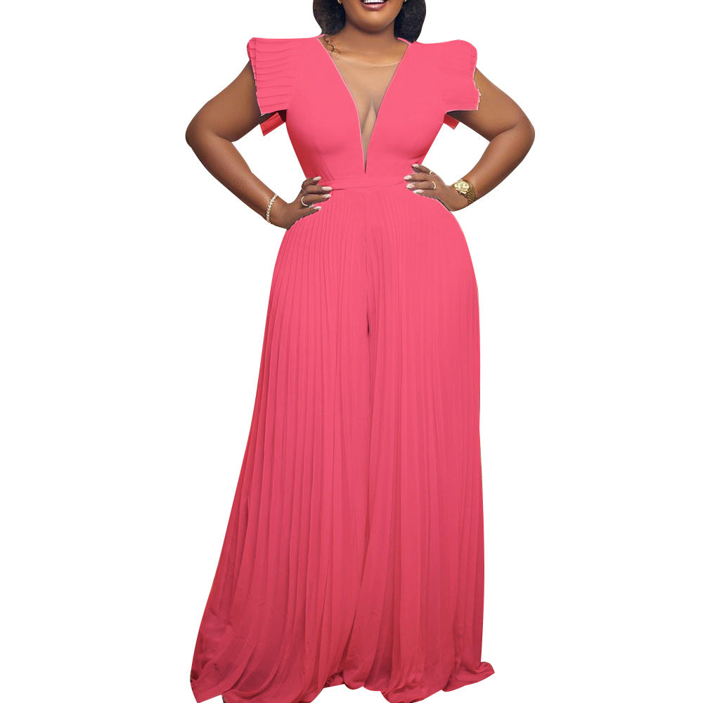 fashion women's  summer sexy mesh patchwork solid color high waist wide leg foreign trade jumpsuit
