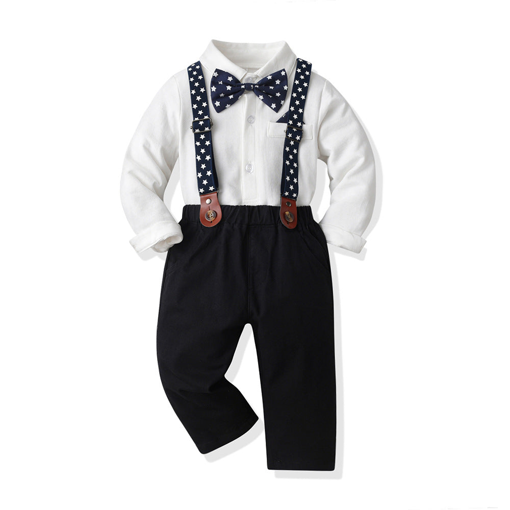 Boys' spring outfit set, long-sleeve romper and bib overalls set, cross-border two-piece baby clothes