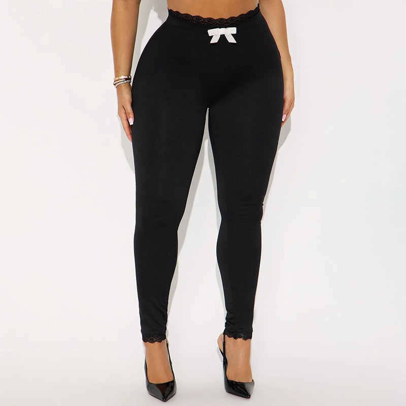 European and american cross-border women's autumn/winter lace-trimmed high-waisted bow print stretchy base layer - fashionable, versatile, and casual