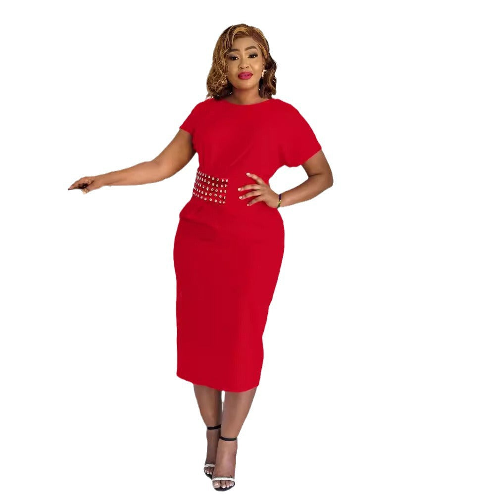 BN352   European and American women's clothing, 's new model, solid color nail-drilled round neck rear split dress