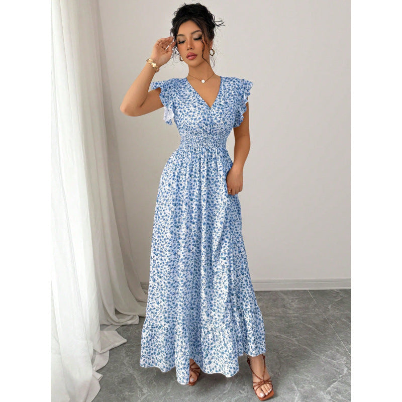 Shipped: cross-border european and american women's summer floral maxi dress with ruffle trim, v-neck, short sleeves, and a-line silhouette