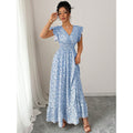 Shipped: cross-border european and american women's summer floral maxi dress with ruffle trim, v-neck, short sleeves, and a-line silhouette