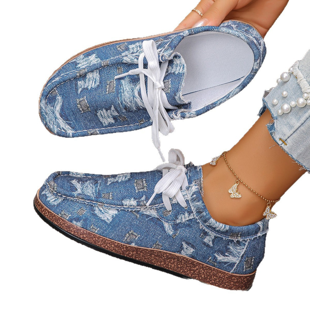 export plus size ethnic style casual flats women's colorful lace-up graffiti low-top canvas shoes wood grain thick sole shoes