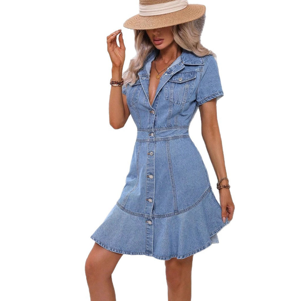 Fashion  cross-border women's summer new style denim casual waist lapel dress source export