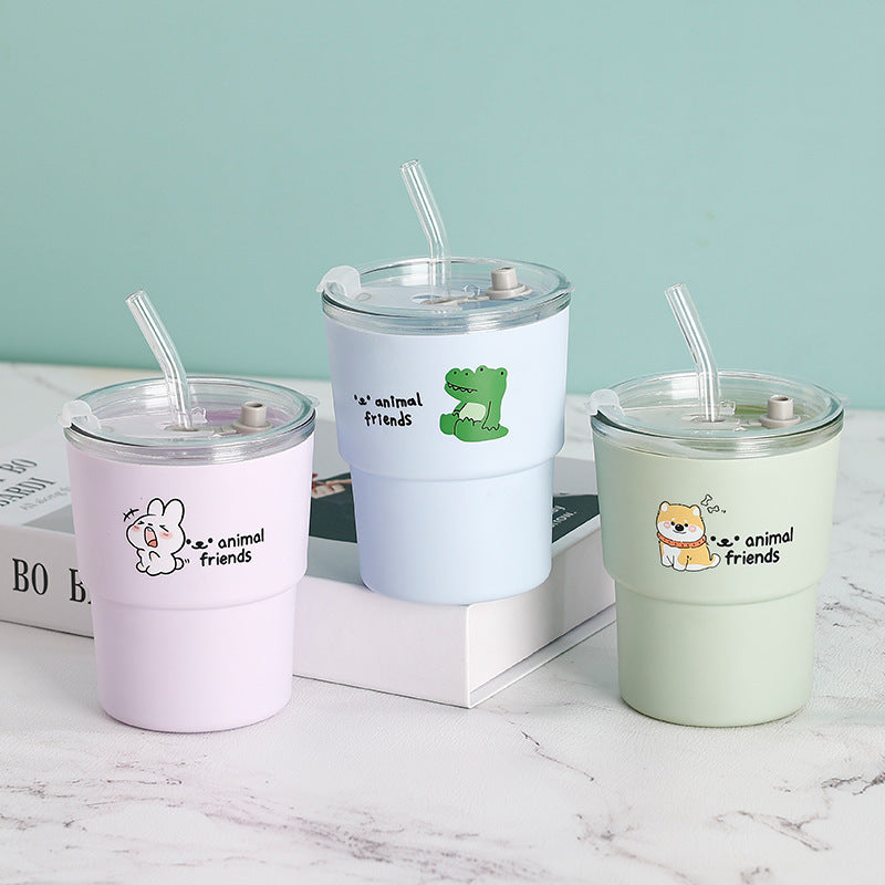 Cartoon double-walled glass straw cup - stylish office water bottle, trendy coffee mug, promotional gift cup
