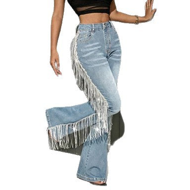 European and american style women's high-waisted frayed hem distressed light blue washed stretch flare jeans