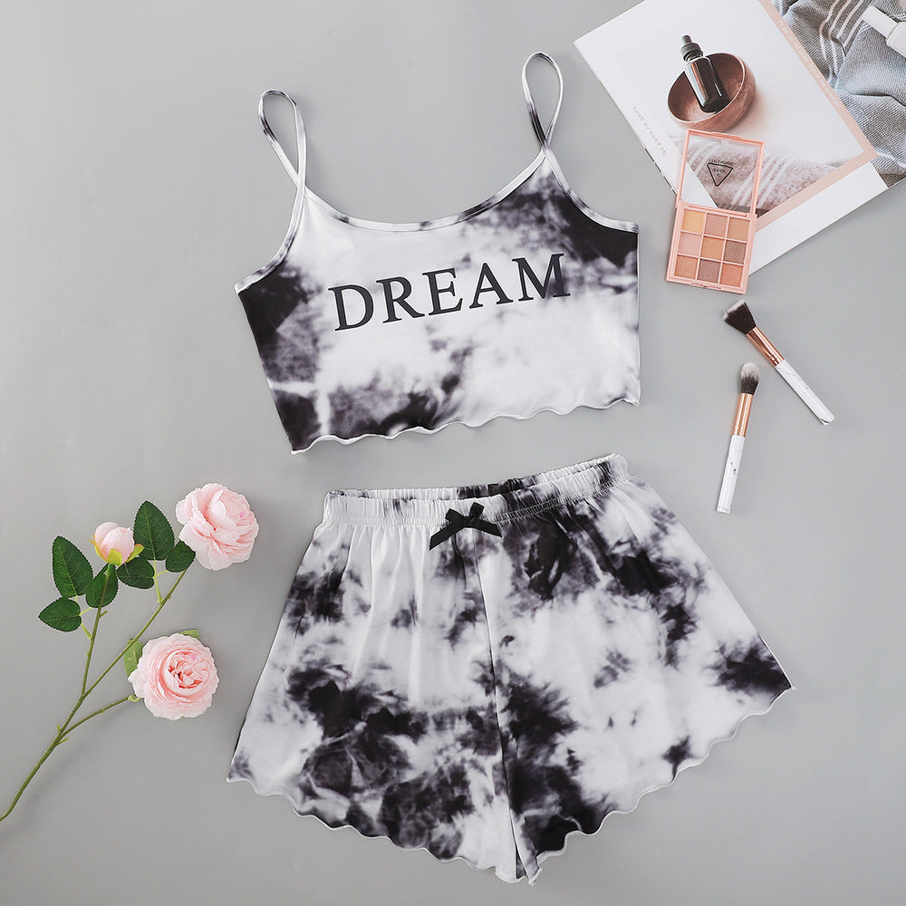 New women's tie-dye loungewear set for export: english "dream" print cami top and tie-dye shorts
