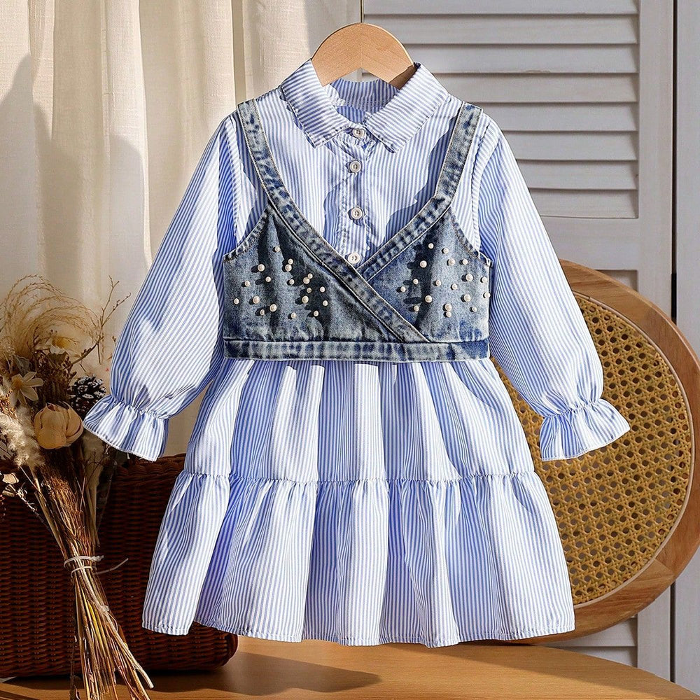 spring new arrival: cross-border shirt collar dress + denim beaded vest two-piece set