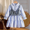 spring new arrival: cross-border shirt collar dress + denim beaded vest two-piece set