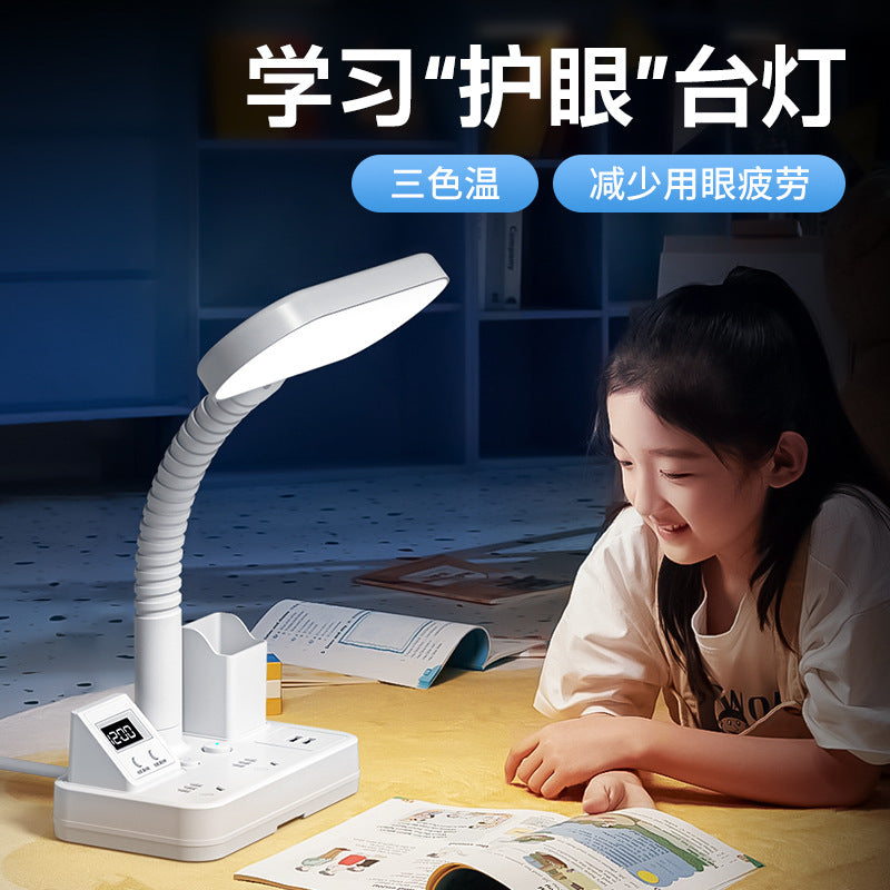 Led multifunctional time display desk lamp - bedroom study reading bedside lamp - eye protection socket usb home dorm room