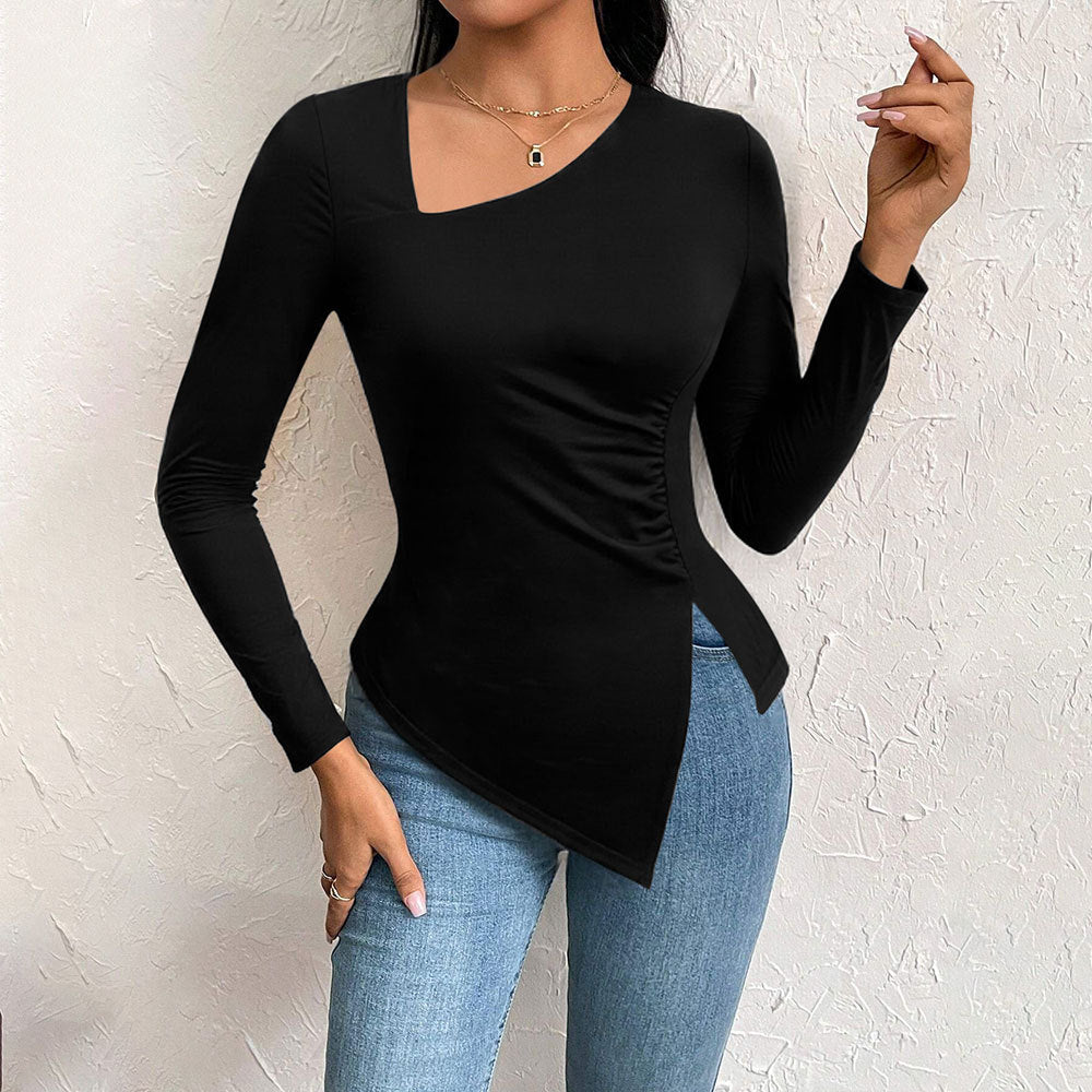 Amazon cross-border fashion women's elegant asymmetrical neckline t-shirt - spring/summer new arrival, versatile commute long sleeve top