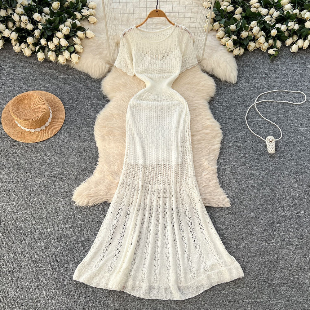 Korean style women's vacation outfit: gentle and chic crochet knit short-sleeve cardigan dress + camisole slip dress