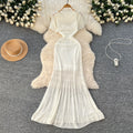 Korean style women's vacation outfit: gentle and chic crochet knit short-sleeve cardigan dress + camisole slip dress