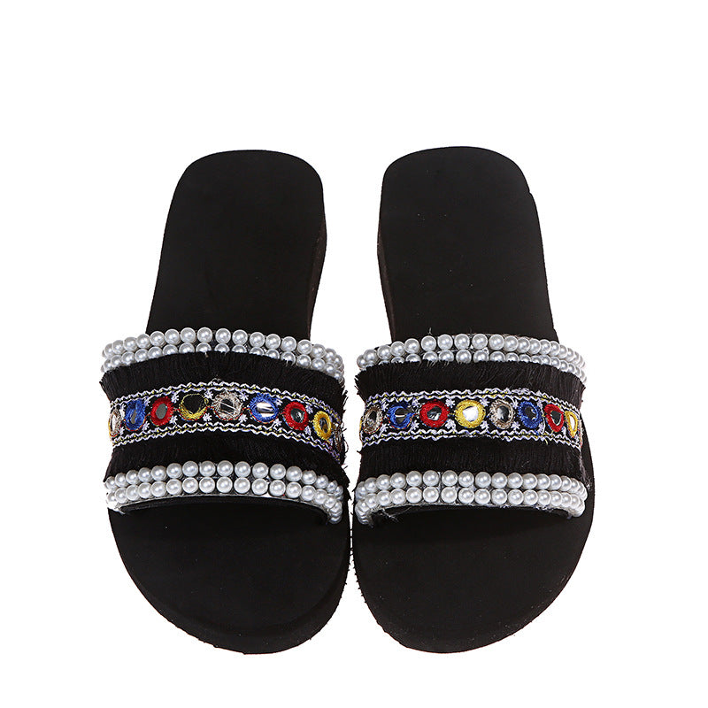 Ethnic style fashion slippers for women 2025 summernew arrivalplus sizesequin pearl toe sandals and flip-flops for beach