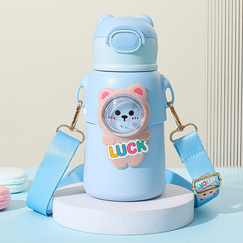 New cartoon character double-drink kids' thermos cup, 316 stainless steel food-grade water bottle with sleeve and straw