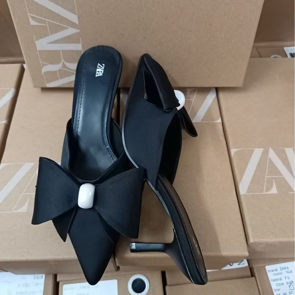 Za2024autum new women's shoes artificial pearls and black silks and satins bows pointed toe high heel toe slippers